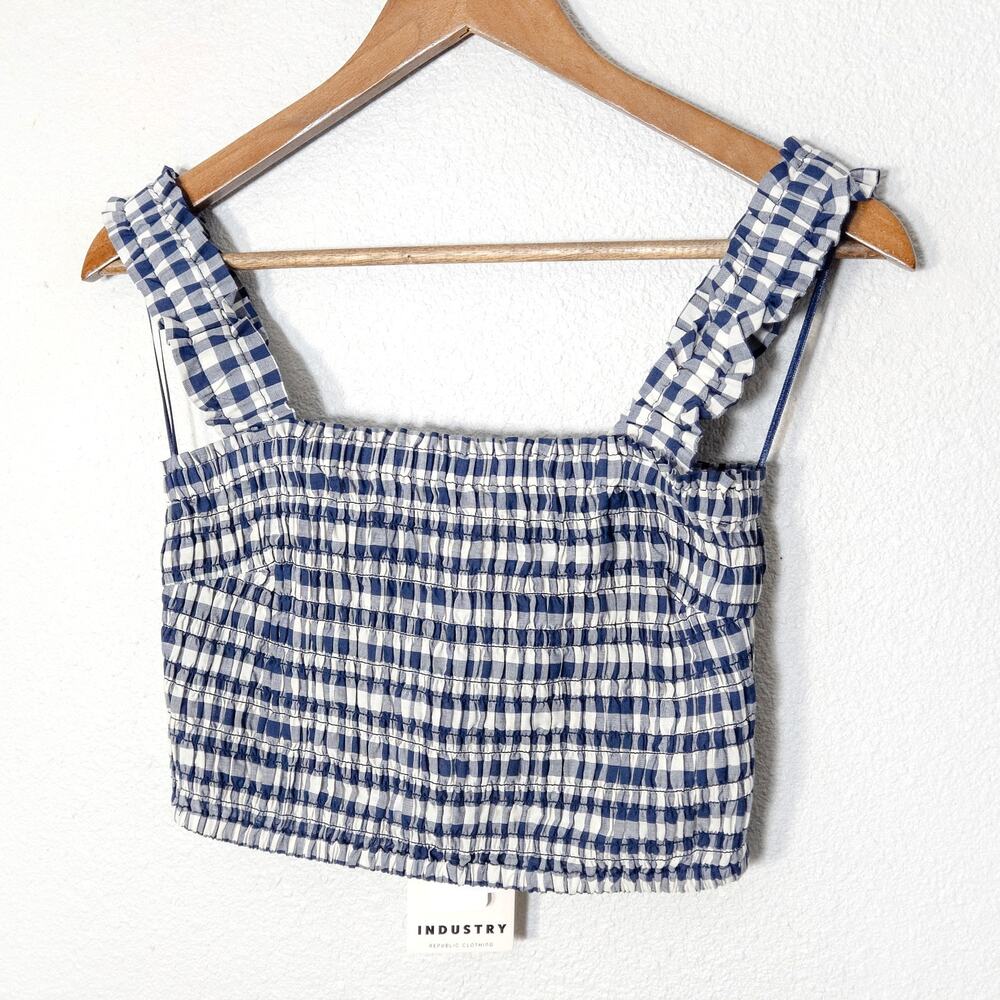 Industry Crop Top Size M Blue Gingham Smocked Cottagecore Square Neck